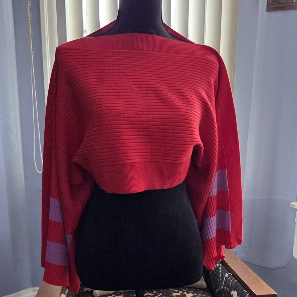 eva mendes for New York & Company Red Ribbed Poncho with Lilac Stripe Panels